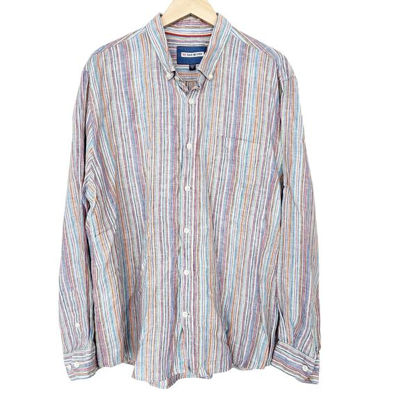 32 Bar Blues Multicolor Striped 100% Linen Long Sleeve Button Down Sz XL - Picture 2 of 5